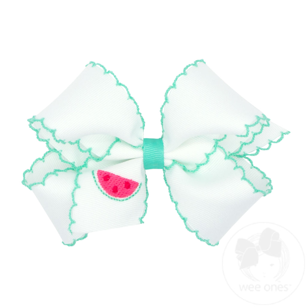 Medium Grosgrain Hair Bow with Moonstitch Edge and Watermelon Embroidery
