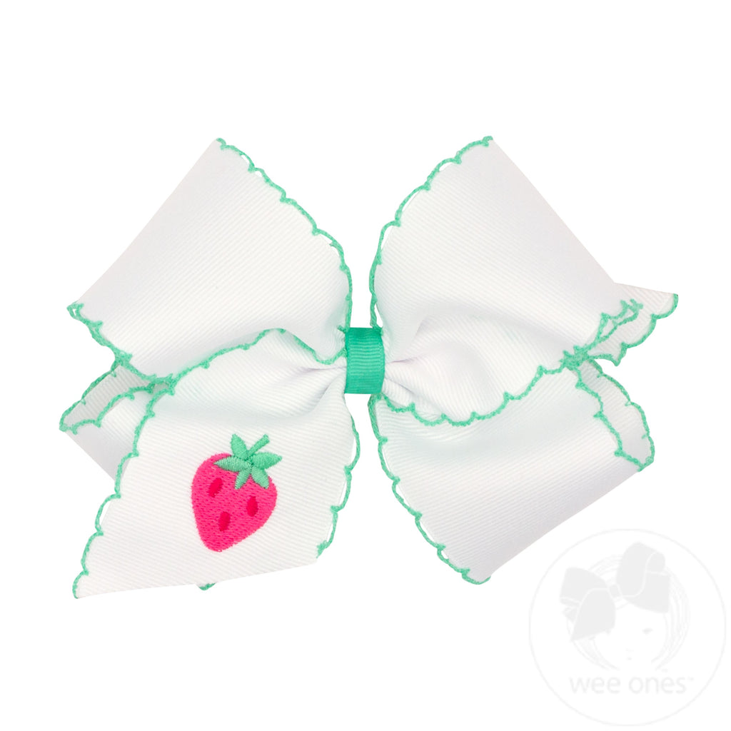 King Grosgrain Hair Bow with Moonstitch Edge and Strawberry Embroidery