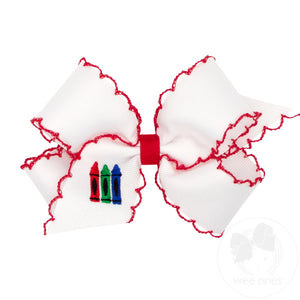 Medium Grosgrain Hair Bow with Red Moonstitch Edge and Crayon Embroidery