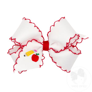 Medium Grosgrain Hair Bow with Red Moonstitch Edge and Pencil Embroidery