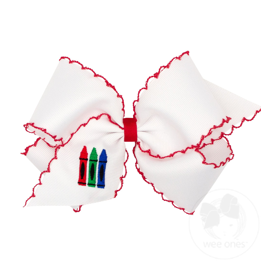 King Grosgrain Hair Bow with Red Moonstitch Edge and Crayon Embroidery