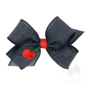 Medium Linen Hair Bow with Apple Embroidery