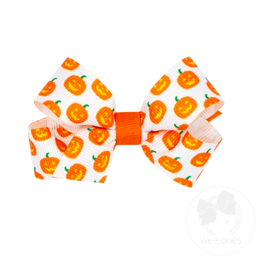 Mini Halloween-themed Jack-O-Lantern Printed Grosgrain Hair Bow