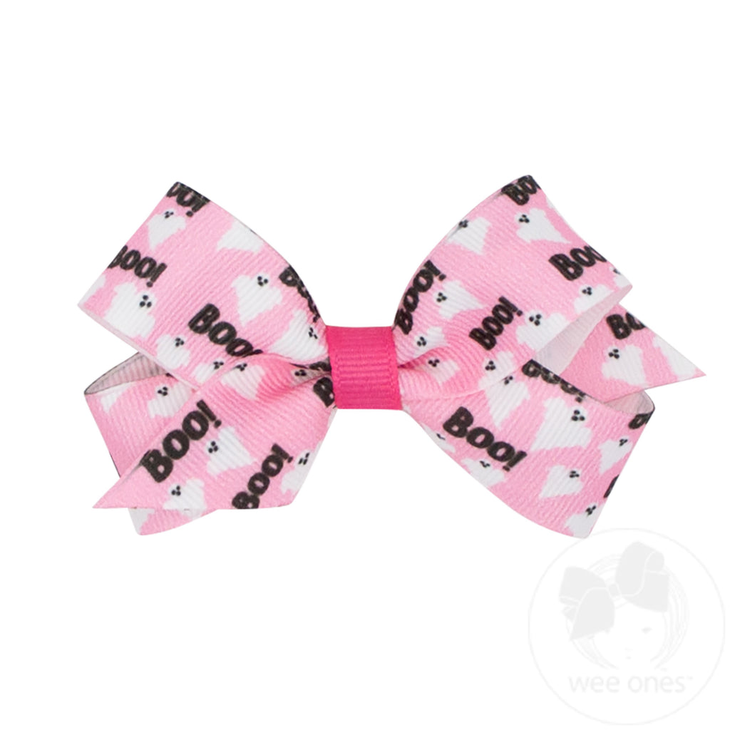 Mini Halloween-themed Pink Boo Ghost Printed Grosgrain Hair Bow