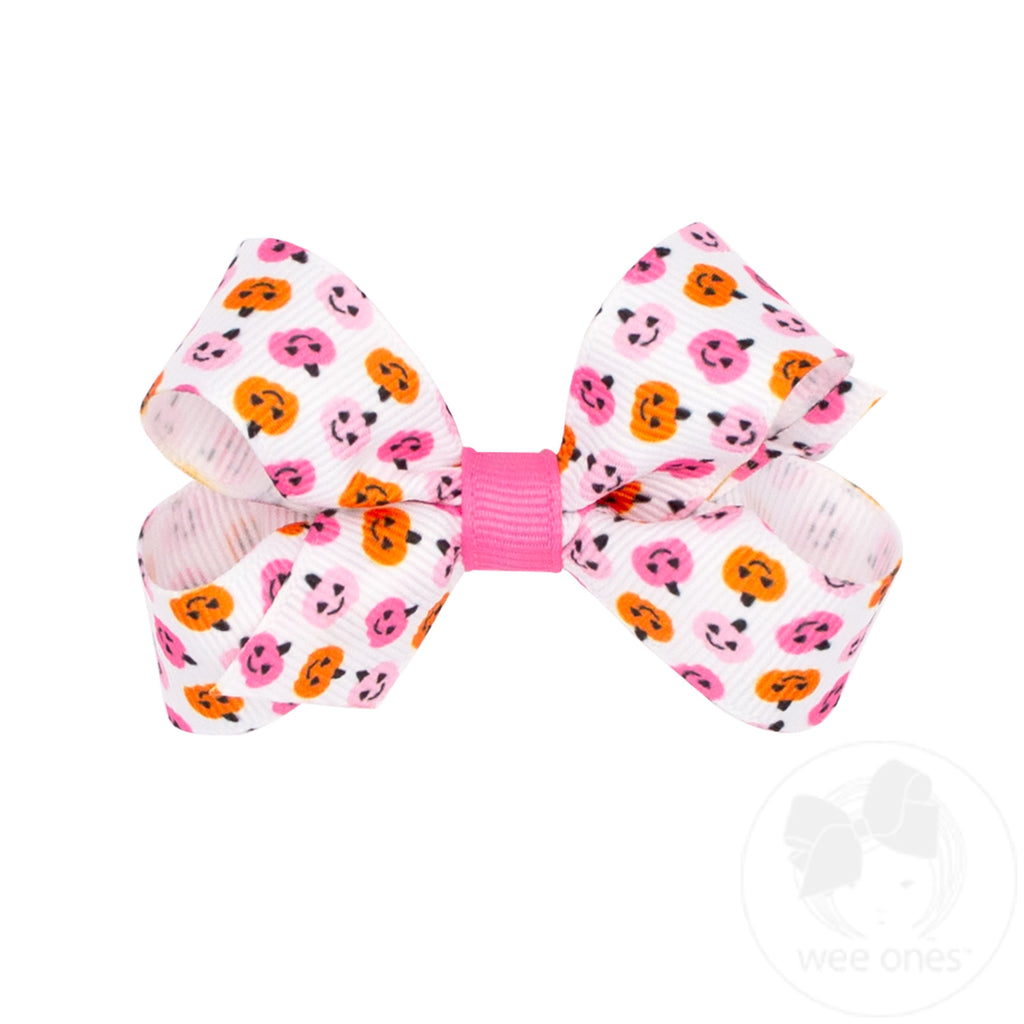 Mini Halloween-themed Pink Jack-O-Lantern Printed Grosgrain Hair Bow