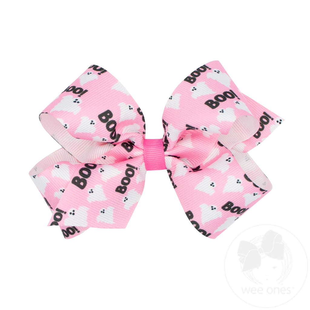 Medium Halloween-themed Pink Boo Ghost Printed Grosgrain Hair Bow