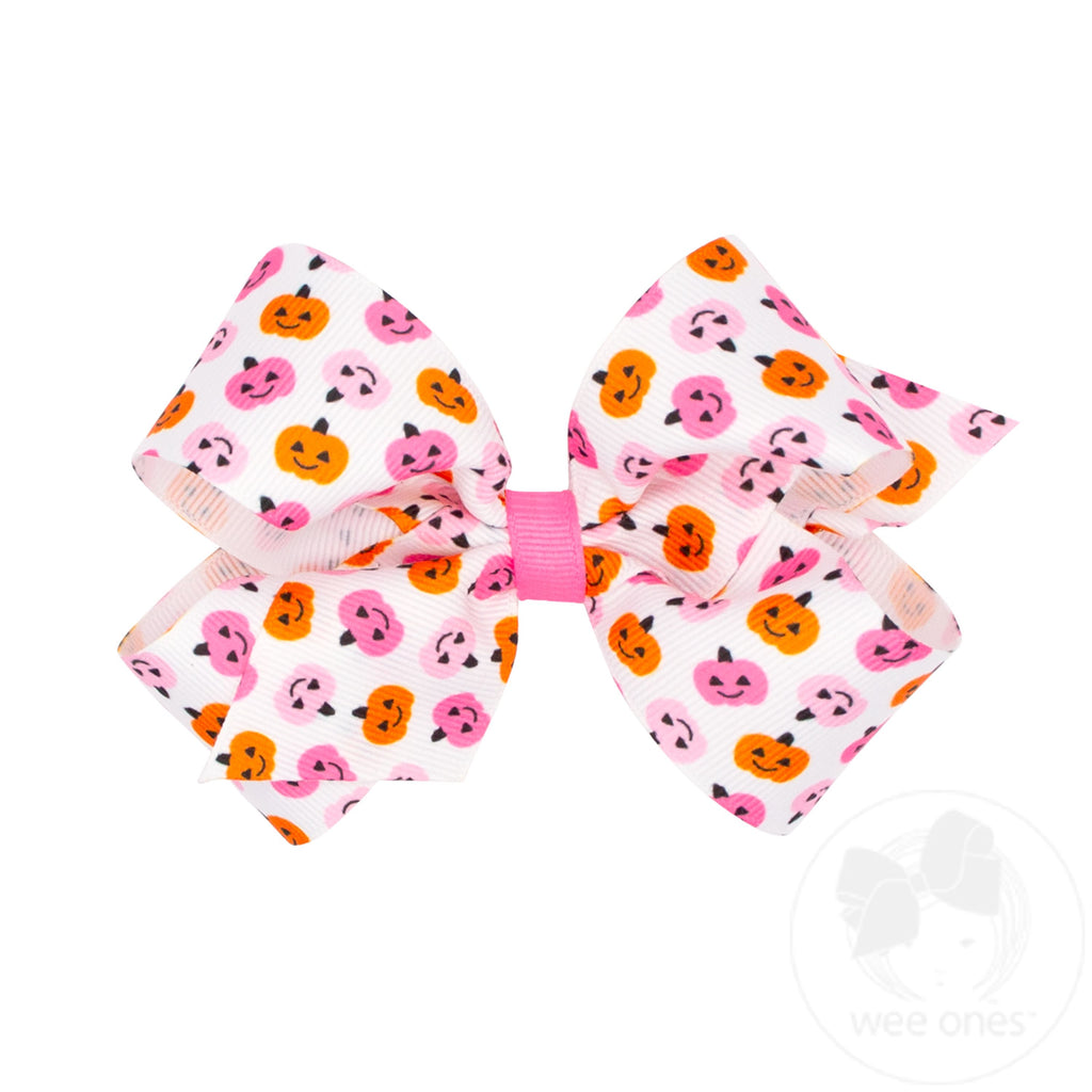 Medium Halloween-themed Pink Jack-O-Lantern Printed Grosgrain Hair bow