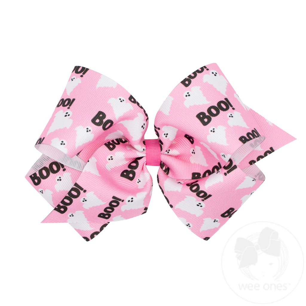 King Halloween-themed Pink Boo Ghost Printed Grosgrain Hair Bow