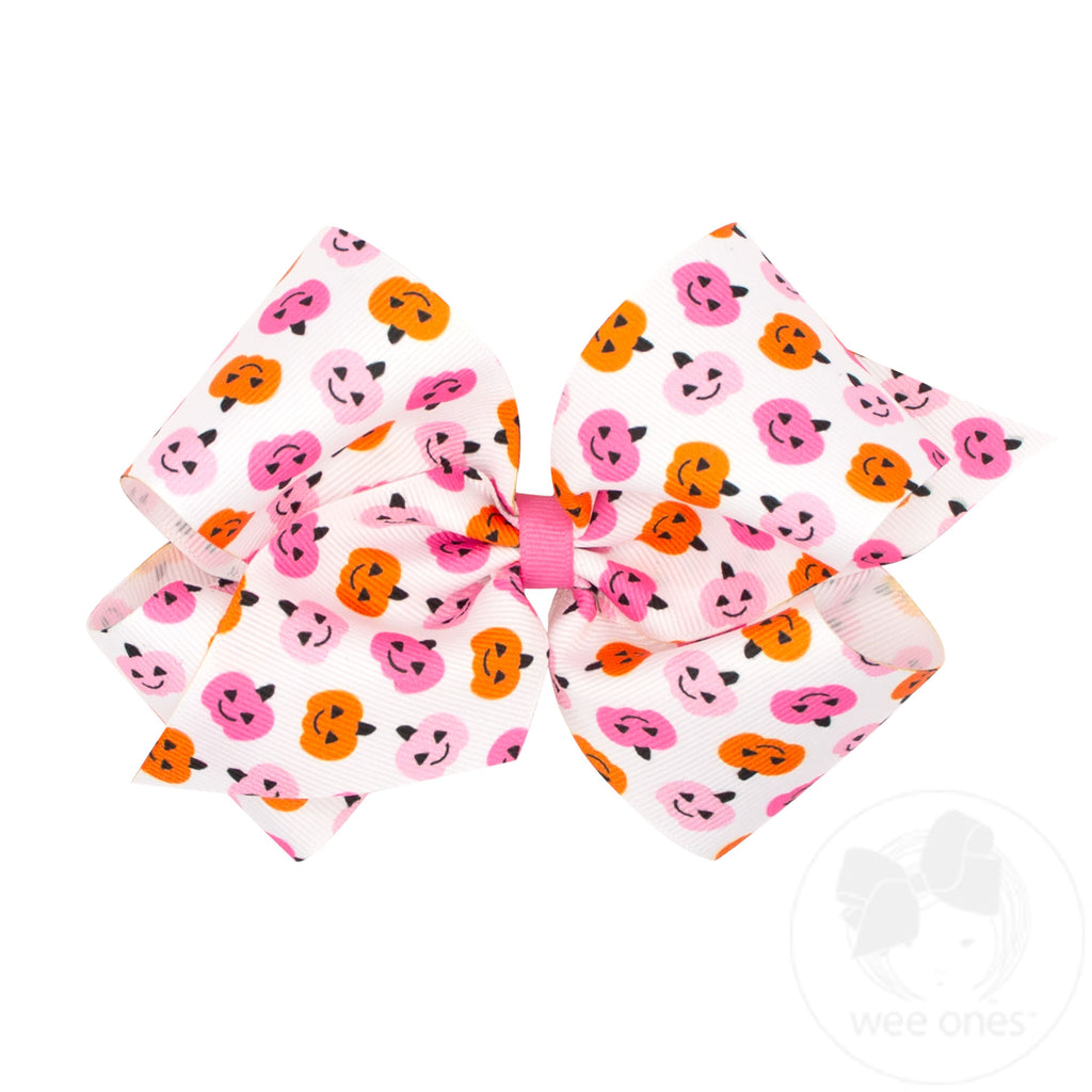 King Halloween-themed Pink Jack-O-Lantern Printed Grosgrain Hair Bow