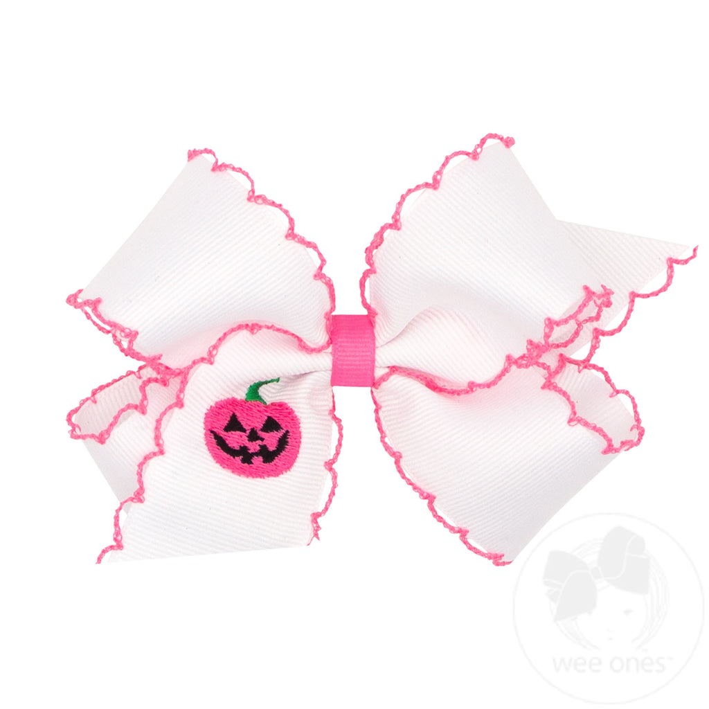 Medium Grosgrain Hair Bow with Moonstitch Edge and Jack-O-Lantern Embroidery