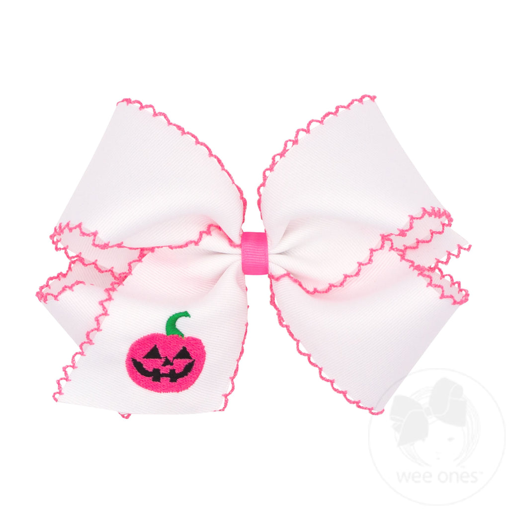 King Grosgrain Hair Bow with Moonstitch Edge and Jack-O-Lantern Embroidery