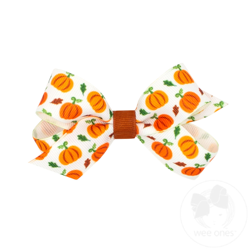 Mini Harvest-themed Pumpkin Printed Grosgrain Hair Bow