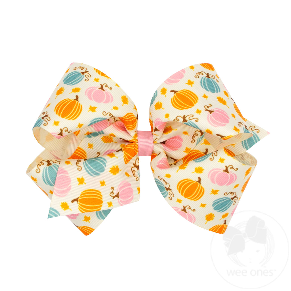 King Harvest-themed Multicolored Pumpkin Printed Grosgrain Hair Bow