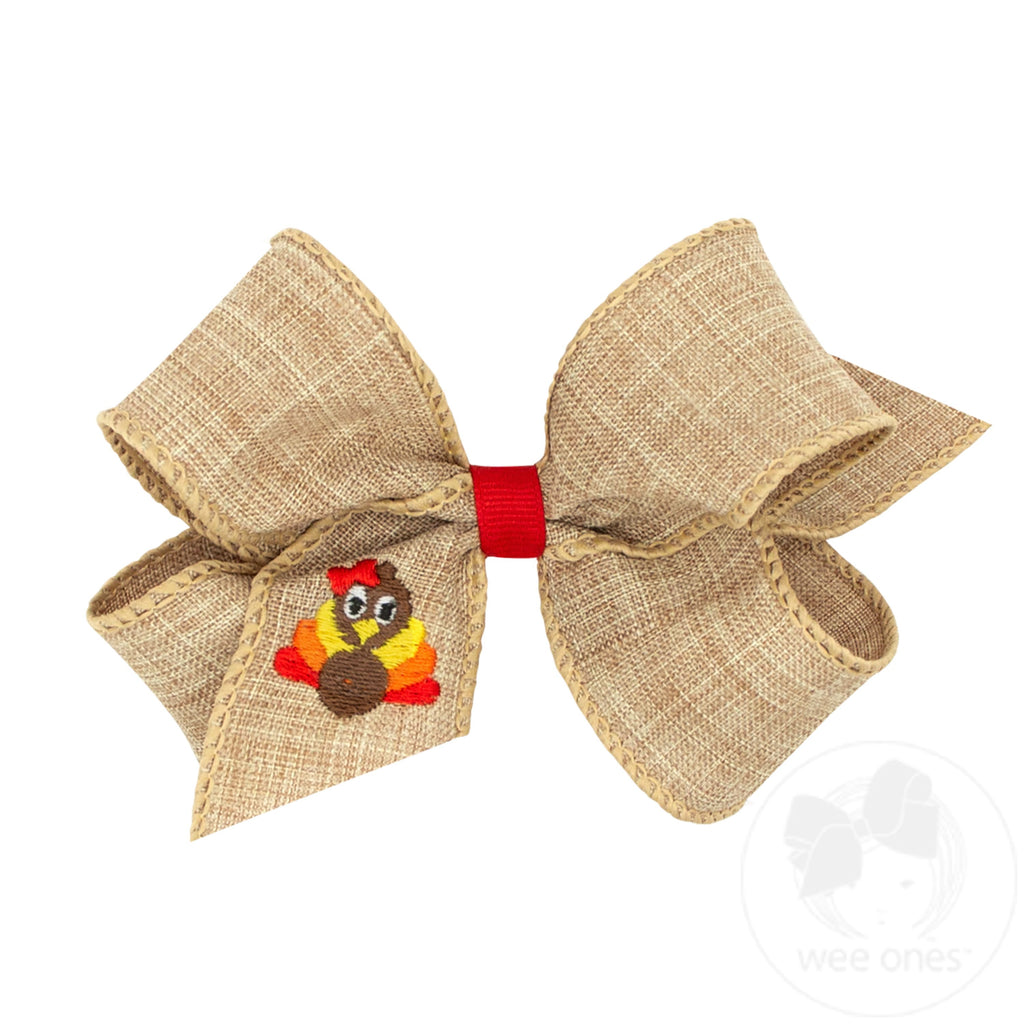 Medium Linen Hair Bow with Turkey Embroidery