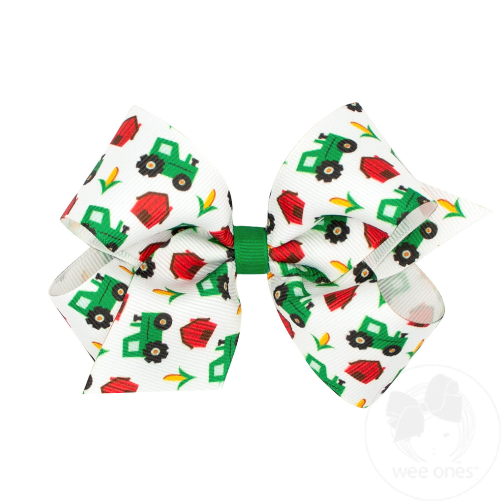 Medium Farm-themed Tractor Printed Grosgrain Hair Bow