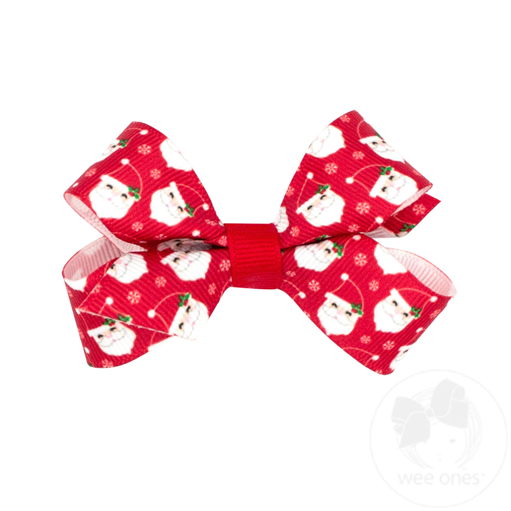 Mini Holiday-themed Santa Claus Printed Grosgrain Hair Bow