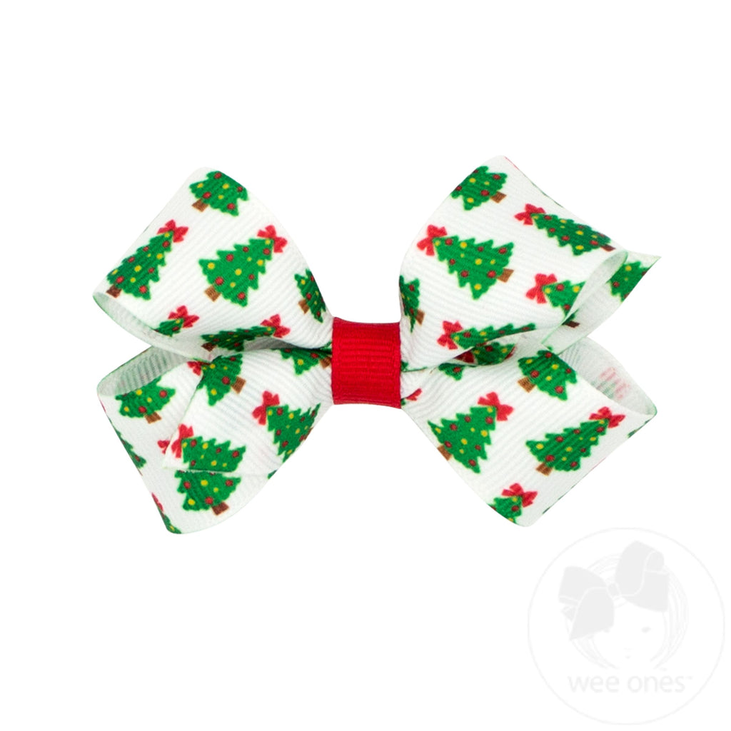 Mini Holiday-themed Christmas Tree Printed Grosgrain Hair Bow