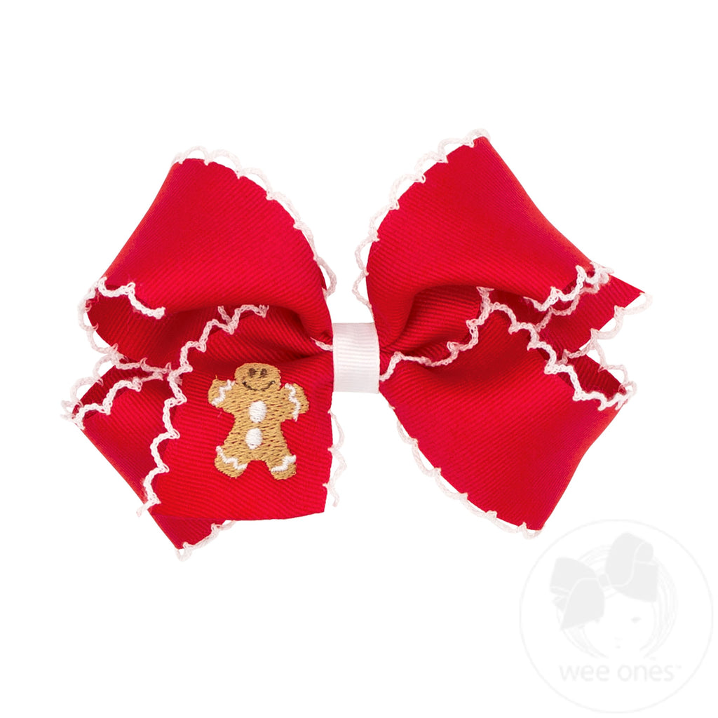 Medium Grosgrain Hair bow with Moonstitch Edge and Holiday-themed Embroidery