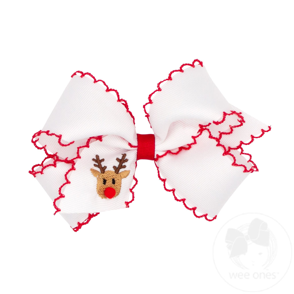 Medium Grosgrain Hair bow with Moonstitch Edge and Reindeer Holiday-themed Embroidery