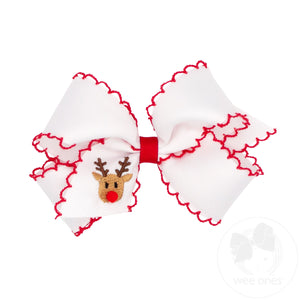 Medium Grosgrain Hair bow with Moonstitch Edge and Reindeer Holiday-themed Embroidery