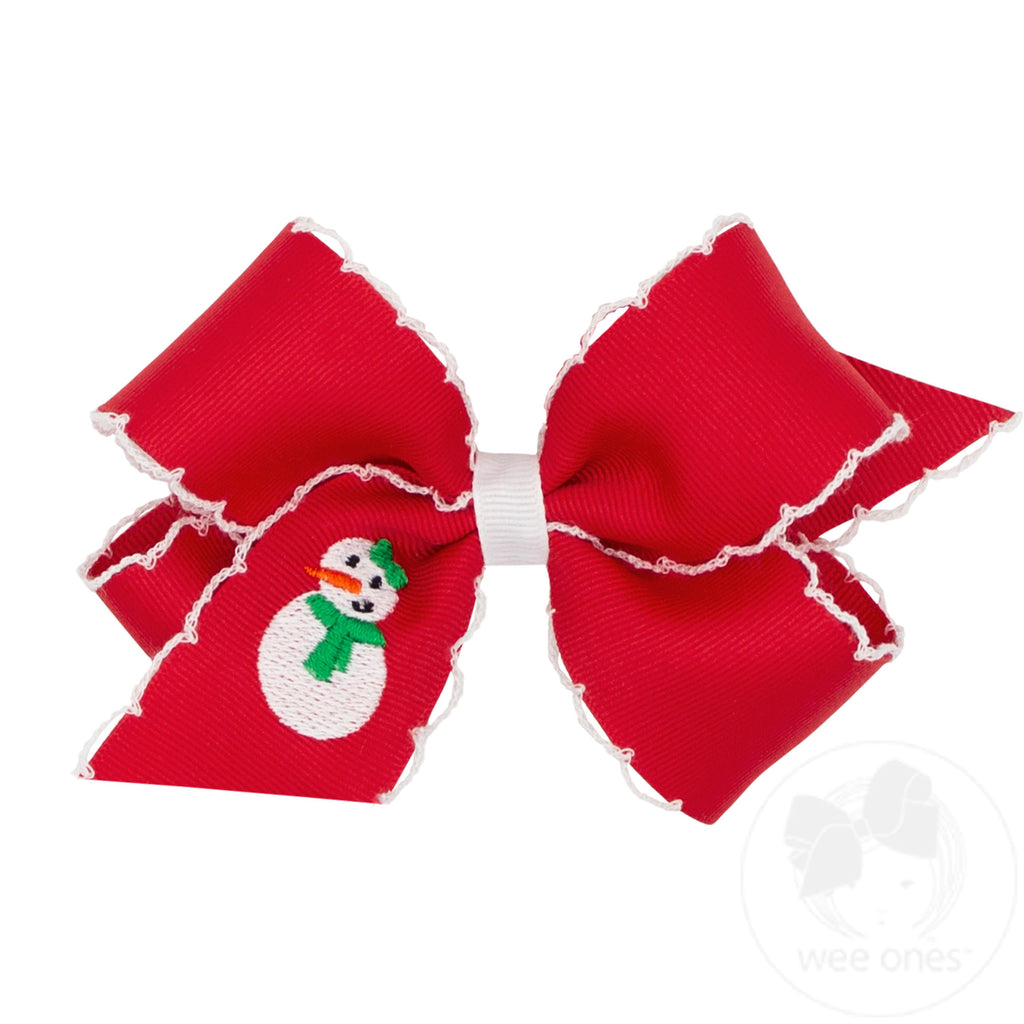 Medium Grosgrain Hair bow with Moonstitch Edge and Snowman Holiday-themed Embroidery