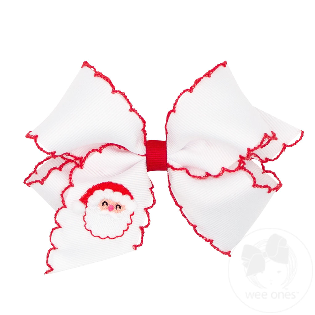 Medium Grosgrain Hair bow with Moonstitch Edge and Santa Claus Holiday-themed Embroidery