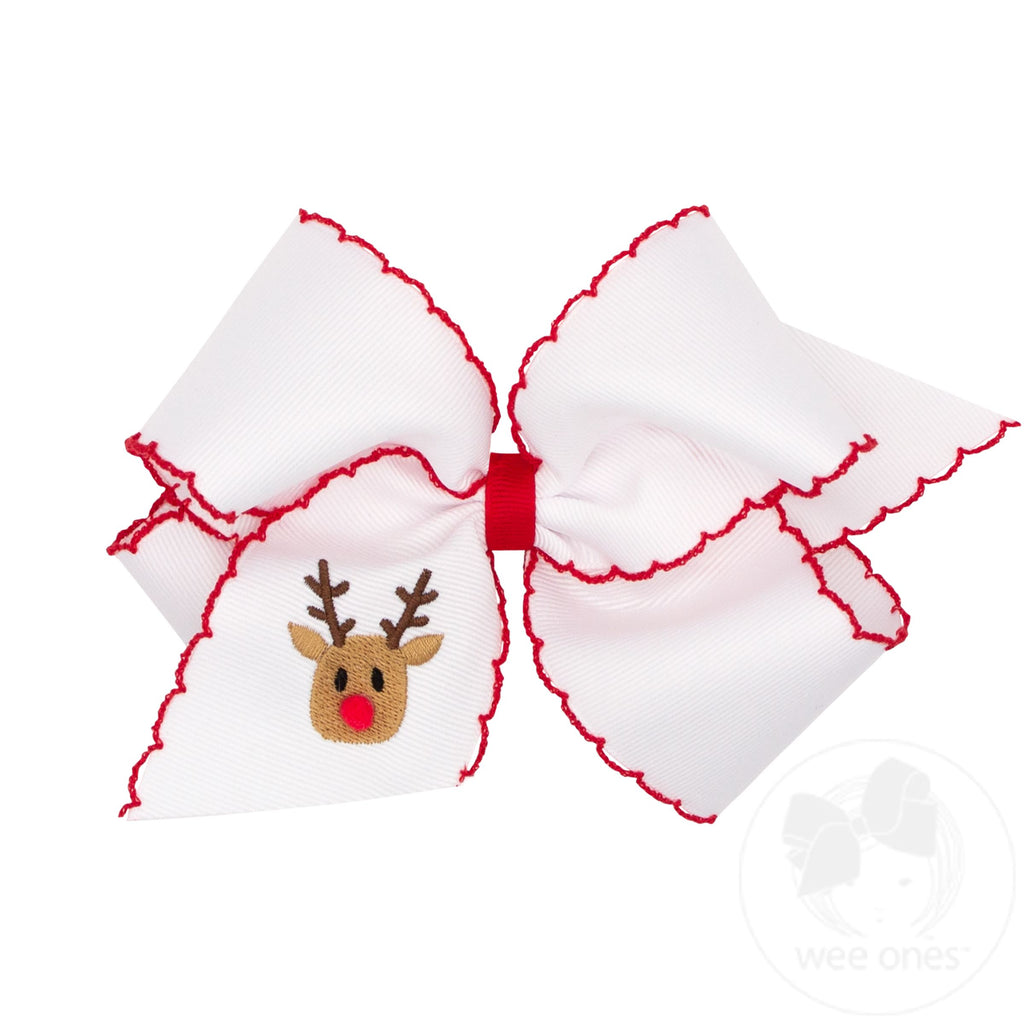 King Grosgrain Hair bow with Moonstitch Edge and Reindeer Holiday-themed Embroidery