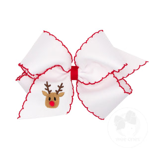 King Grosgrain Hair bow with Moonstitch Edge and Reindeer Holiday-themed Embroidery