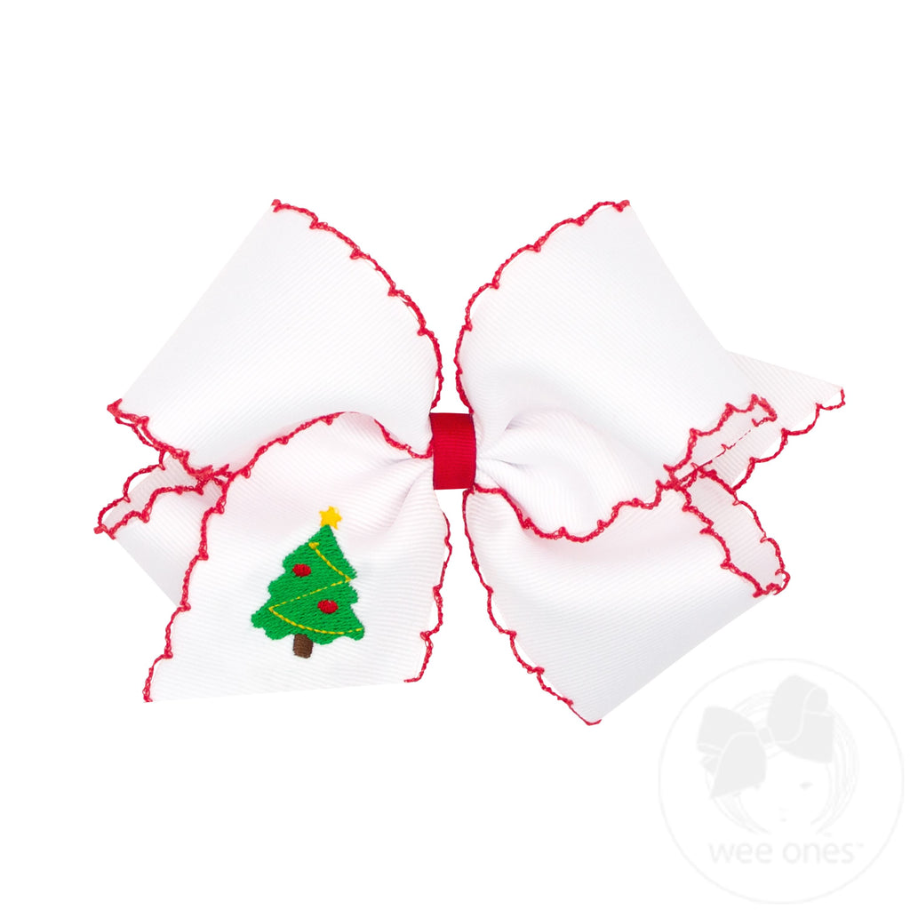 King Grosgrain Hair bow with Moonstitch Edge and Christmas Tree Holiday-themed Embroidery