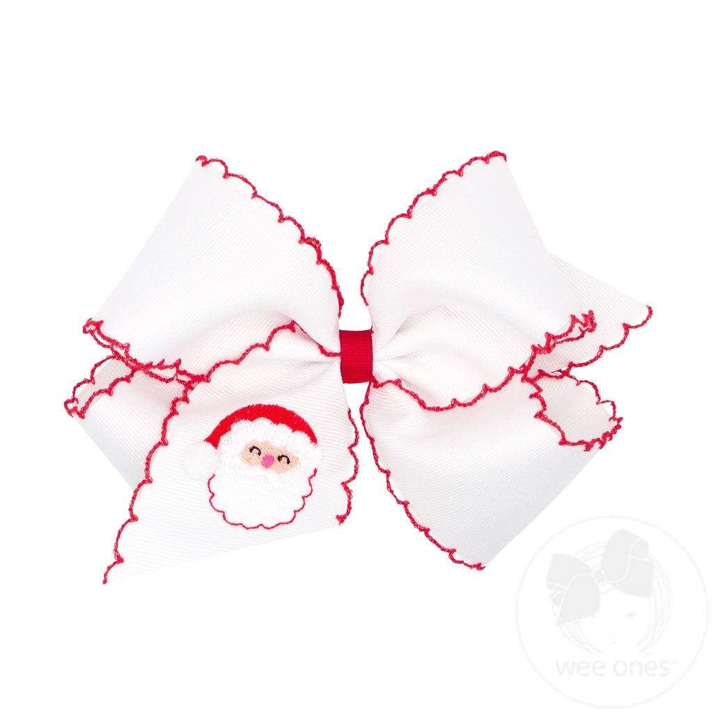 King Grosgrain Hair bow with Moonstitch Edge and Santa Claus Holiday-themed Embroidery