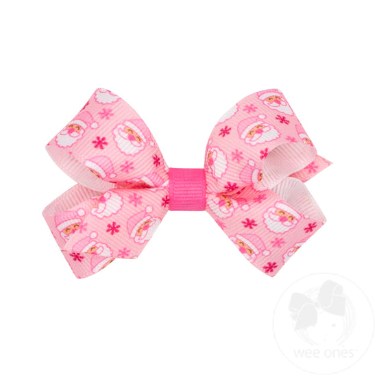 Mini Holiday-themed Pink Santa Printed Grosgrain Hair Bow