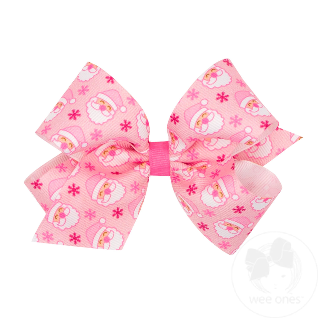 Medium Holiday-themed Pink Santa Printed Grosgrain Hair Bow