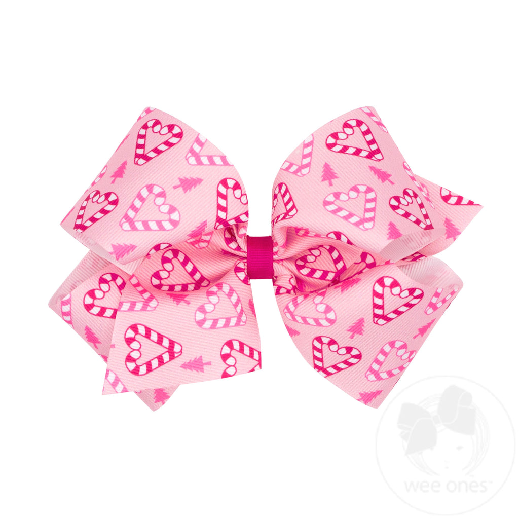 King Holiday-themed Pink Candy Cane Printed Grosgrain Hair Bow