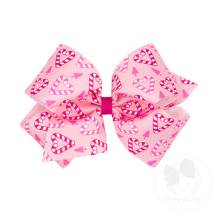 King Holiday-themed Pink Candy Cane Printed Grosgrain Hair Bow