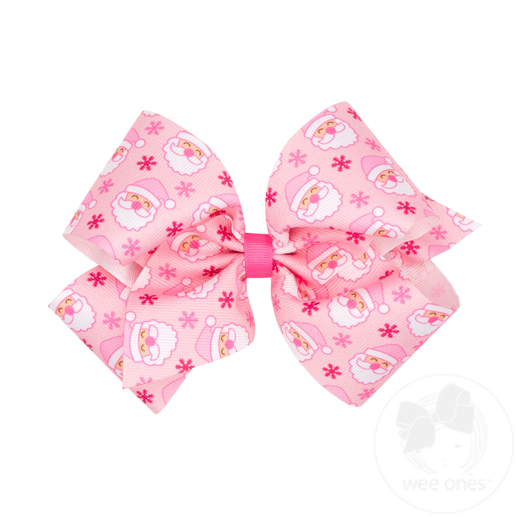 King Holiday-themed Pink Santa Printed Grosgrain Hair Bow