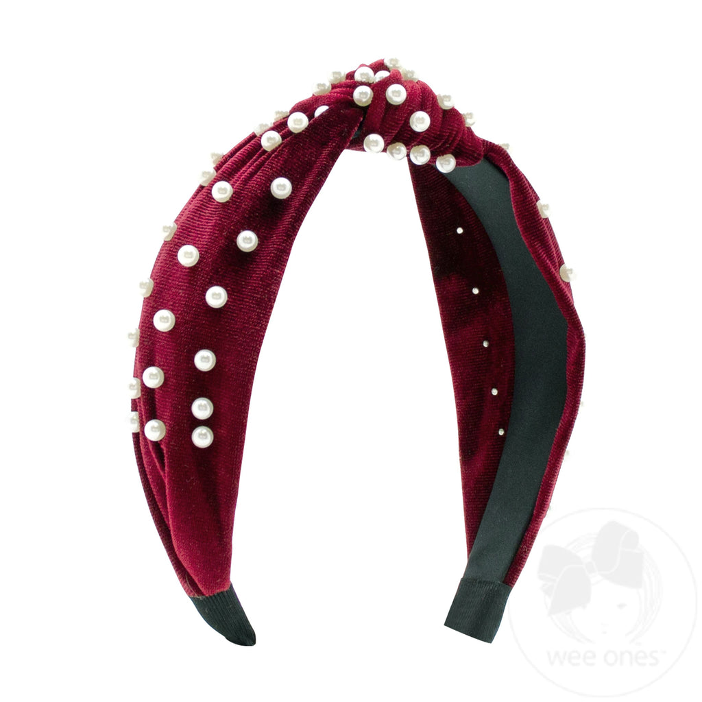 Velvet Wrapped Headband with Knot and Faux Pearls