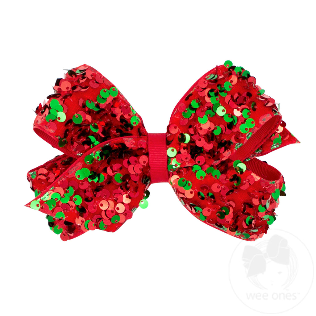 Medium Red and Green Velvet Sequin and Grosgrain Overlay Hair Bow