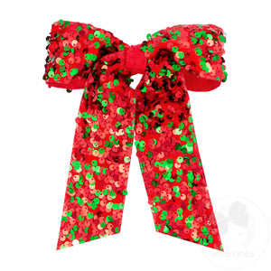 King Red and Green Velvet Sequin Two-loop Hair Bow with Long Front Tails and Knot Wrap