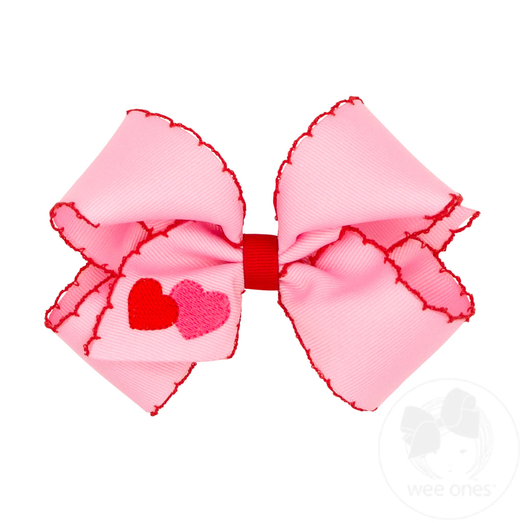 Medium Valentine Heart Embroidered Grosgrain Hair Bow with Moonstitch Edge