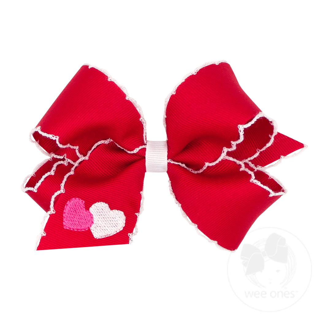 Medium Valentine Heart Embroidered Grosgrain Hair Bow with Moonstitch Edge