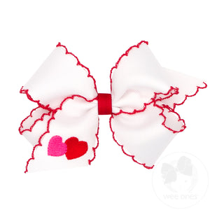 Medium Valentine Heart Embroidered Grosgrain Hair Bow with Moonstitch Edge