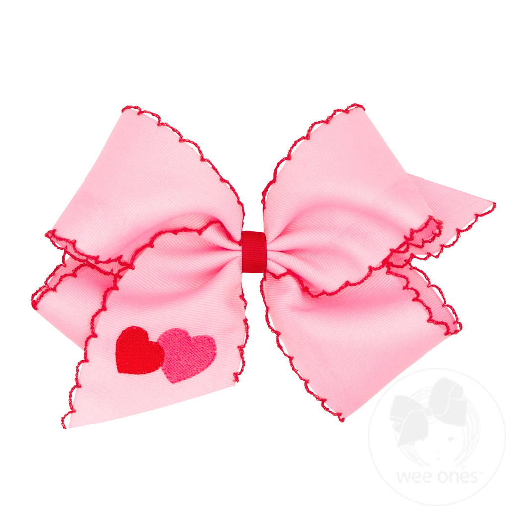 King Valentine Heart Embroidered Grosgrain Hair Bow with Moonstitch Edge