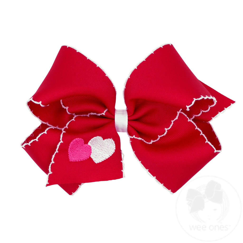 King Valentine Heart Embroidered Grosgrain Hair Bow with Moonstitch Edge