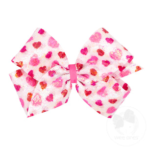 King White Valentine Sequin Hair Bow with Red and Pink Heart Print