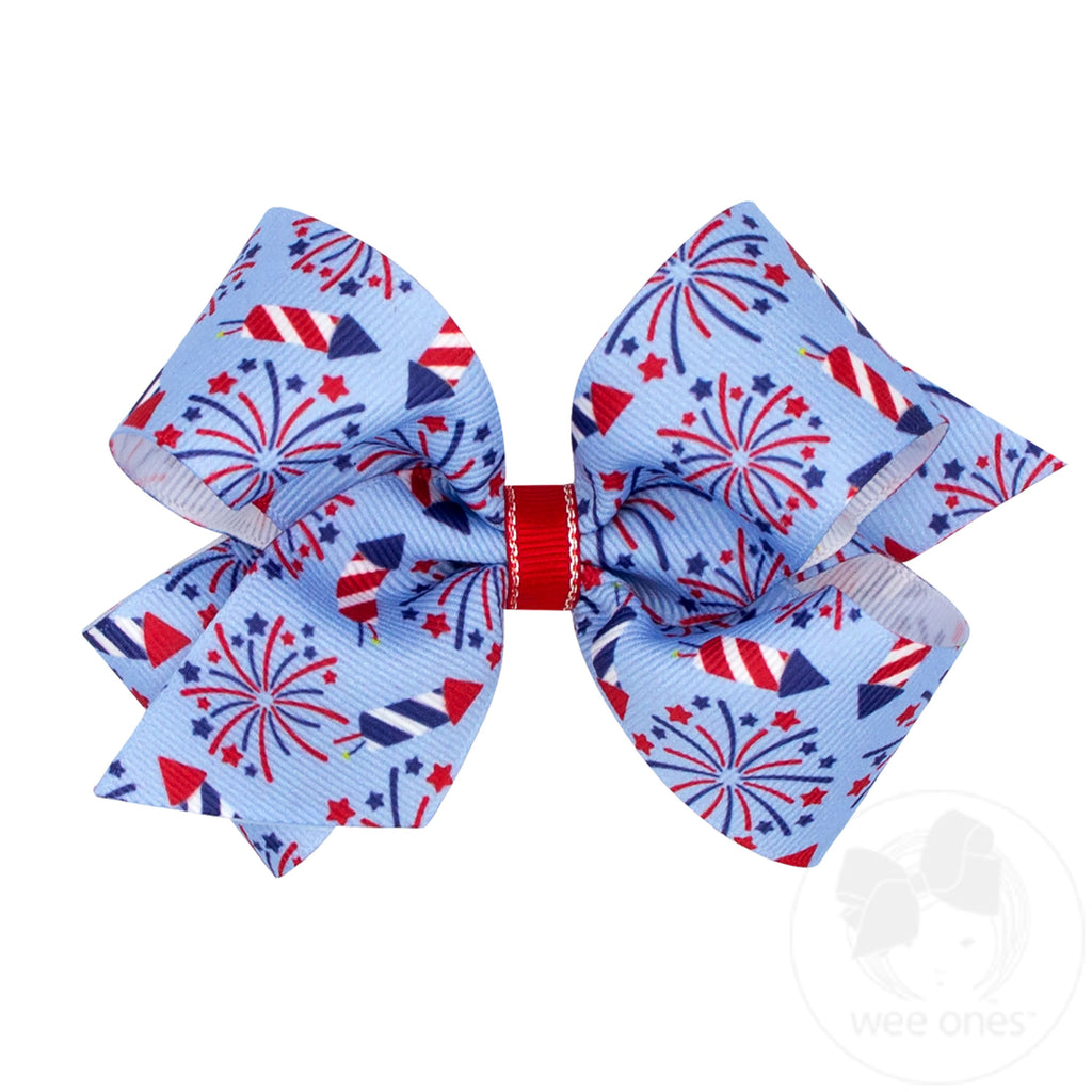 Medium Grosgrain Hair Bow with Millenium Blue Firework Print