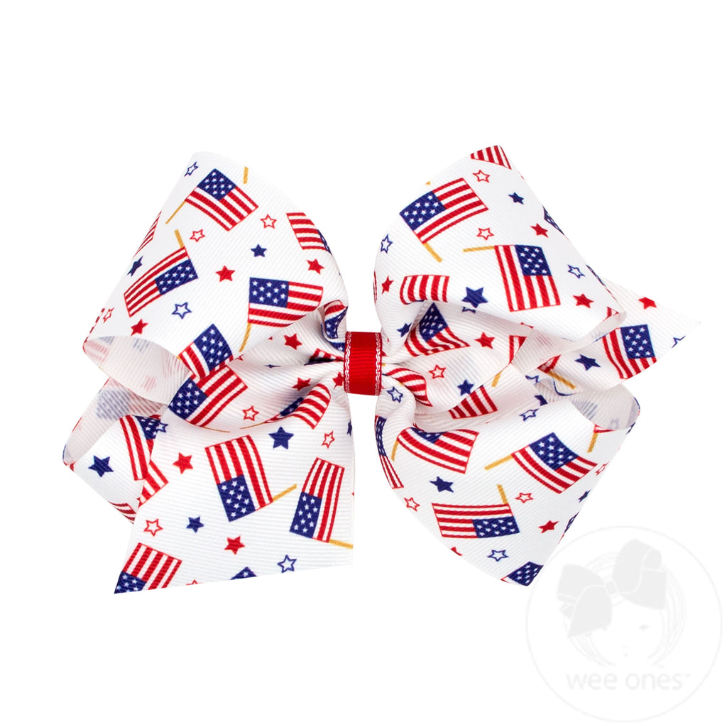 King Grosgrain Hair Bow with Americana Flag Print