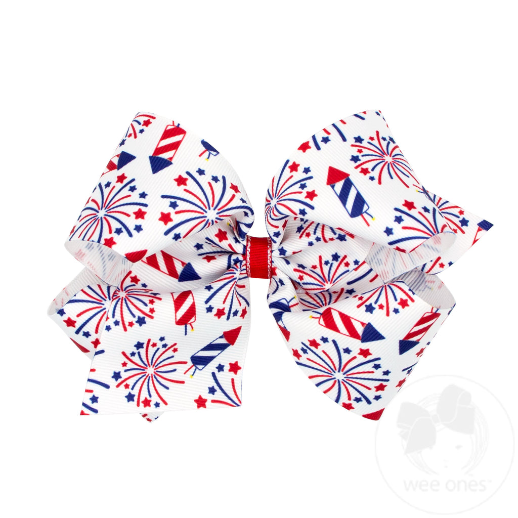 King Grosgrain Hair Bow with Americana Firework Print