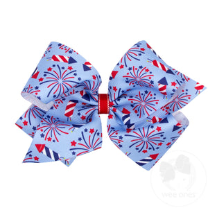 King Grosgrain Hair Bow with Millenium Blue Firework Print