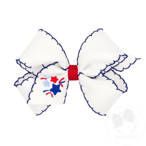 Medium Grosgrain Hair Bow with Moonstitch Edge and Patriotic Firework Embroidery