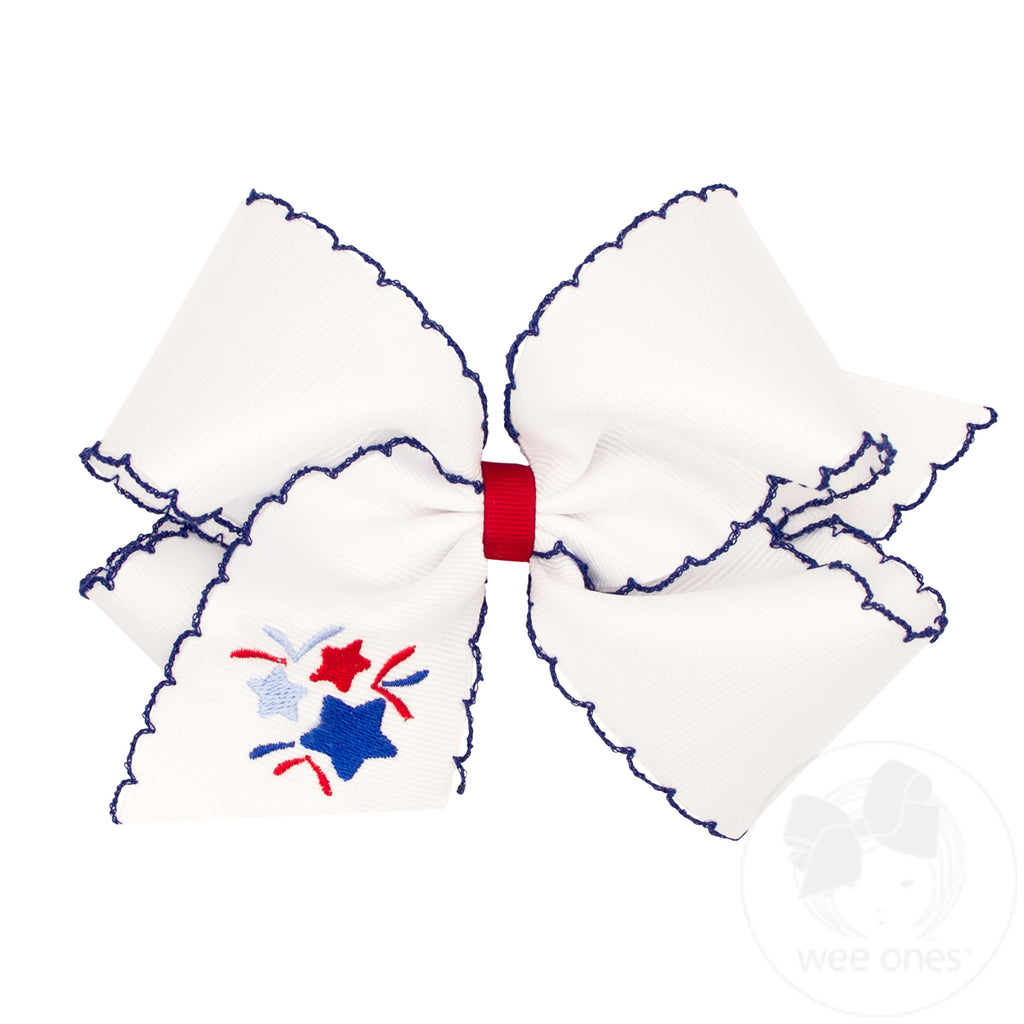 King Grosgrain Hair Bow with Moonstitch Edge and Patriotic Firework Embroidery